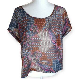 XHILARATION BLUE, PINK, & RUST SHEER BLOUSE SZ.L EUC.
